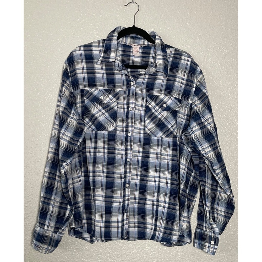 Overdrive Shirt Women's 1X Blue‎ Plaid Long Sleeve Button Up Pockets